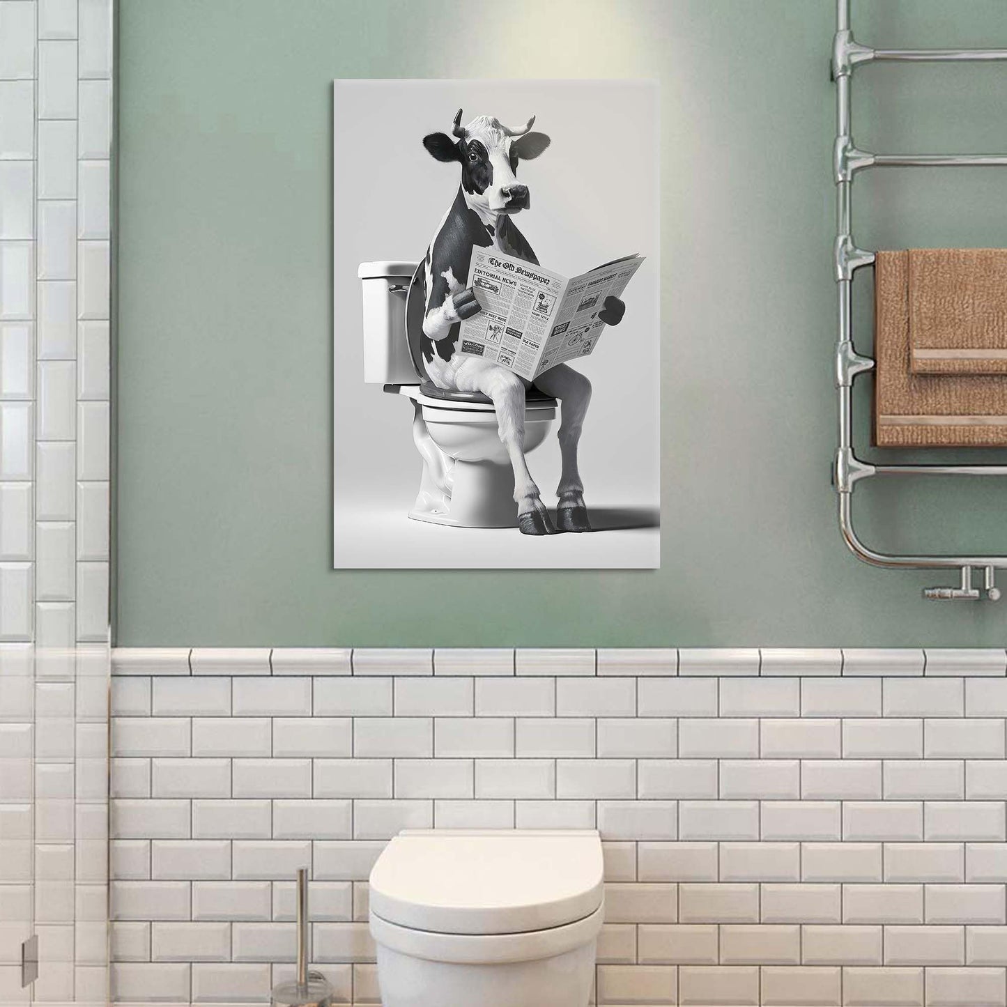 Animal Bathroom Wall Art Decor: Funny Cow Canvas Picture Black and White Bathroom Print Artwork Fun Animal on Toilet Painting for Home Restroom Farmhouse