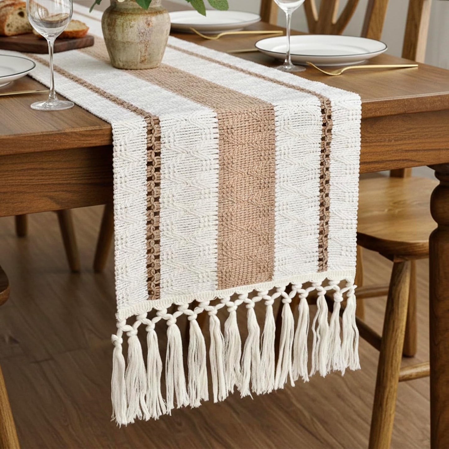FEXIA Boho Table Runner for Hoilday Spring Home Decor with Tassels Pottery barn Furniture Farmhouse Rustic Macrame Burlap Table Decoration for Living Room (12x48 Inches)