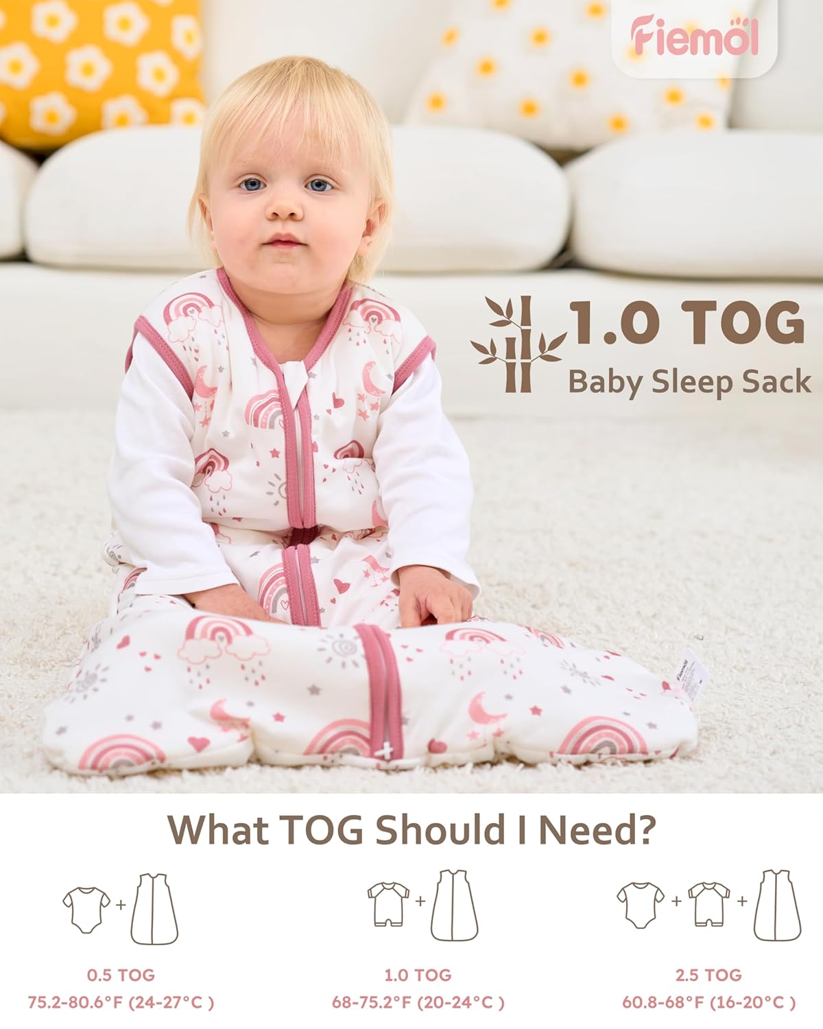 Rayon Made from Bamboo Baby Sleep Sack - Soft 1.0 Tog Wearable Blanket for Infants | 2-Pack Pink Rainbow, 6-12 Months