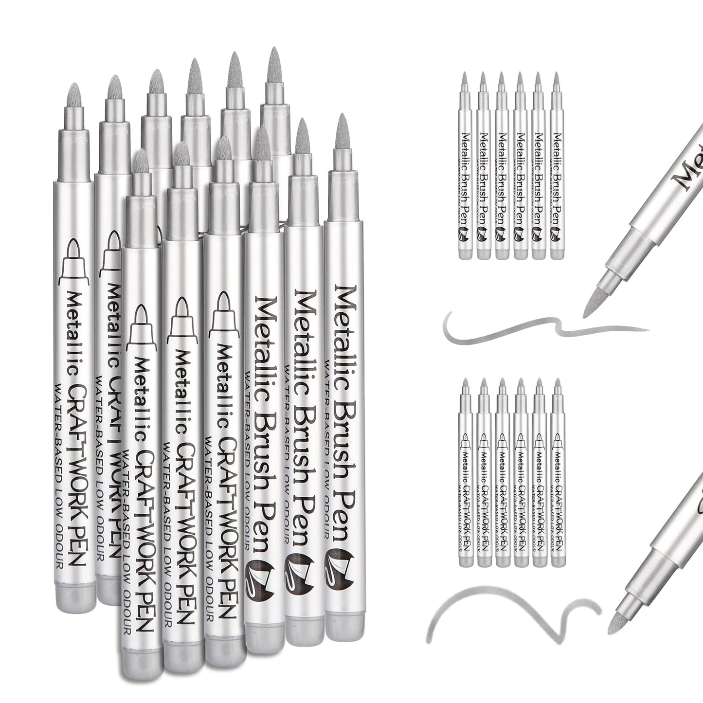 Snailmart 12Pcs Silver Paint Pens,Acrylic Silver Permanent Marker for Rock Painting, Wood, Metal, Fabric, Plastic, Canvas, Glass, Ceramic, Diy Crafts(6 Round tip + 6 Brush tip)