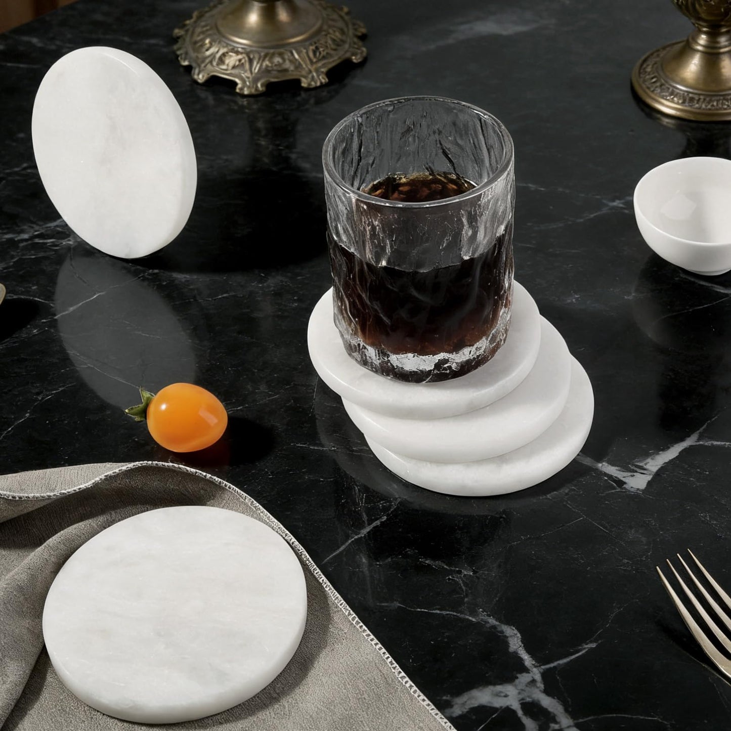 Koville White Marble Coasters Set of 6 for Coffee Table, 3.9" Inches Handmade Round Coaster, Luxury Aesthetic Modern Drink Coaster for Table Décor Home Décor, Coasters for Dining, Bar or Office