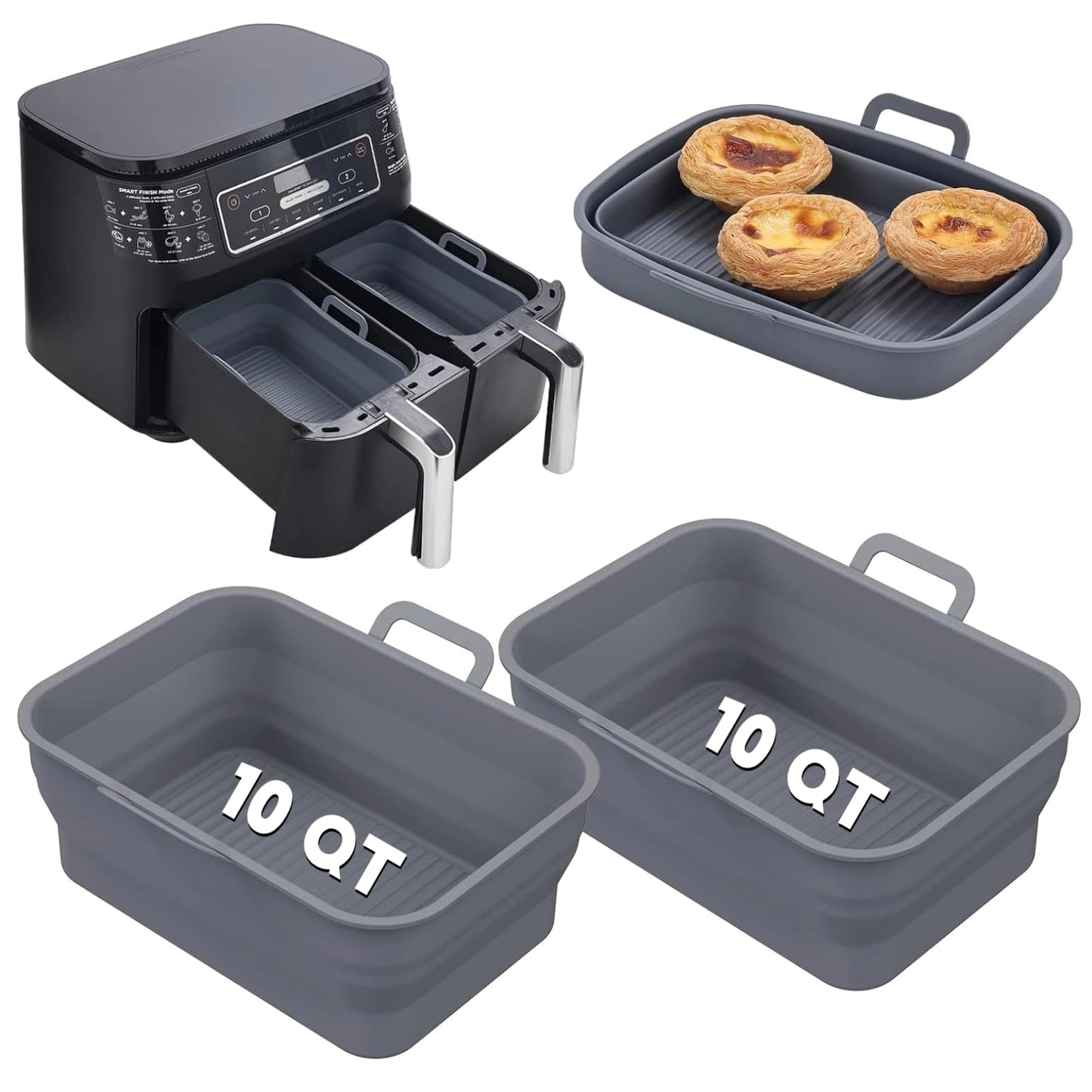 Vangerute Collapsible 2-Pack Air Fryer Silicone Liners for 10QT NINJA Foodi Dual, Reusable Rectangular Silicone Basket Pot for Air Fryer Accessories (Gray)