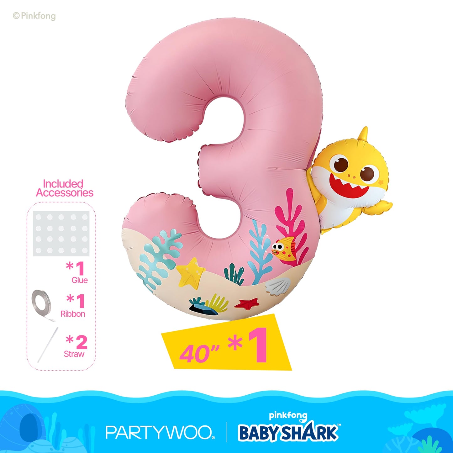 PartyWoo Baby Shark Pink Foil Number 3 Balloon 40 Inch Pink Mylar Helium Birthday Number Balloons for Girls and Boys Baby Shark Under the Sea Ocean Theme Kids Third Birthday Party Decorations