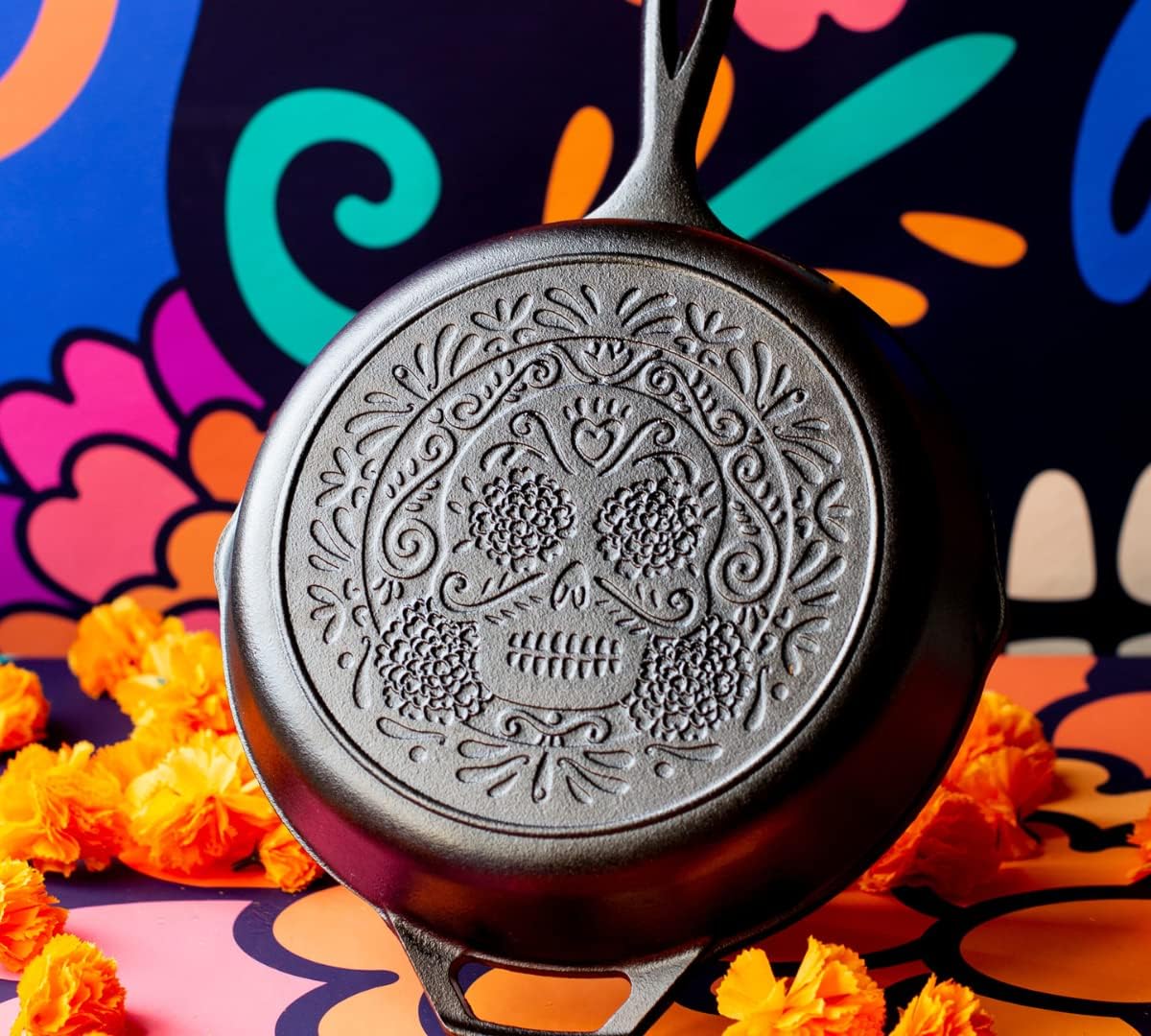 Lodge 10.25 Inch Pre-Seasoned Cast Iron Skillet - Versatile Use on Stove, Grill, or Campfire - Sugar Skull Design