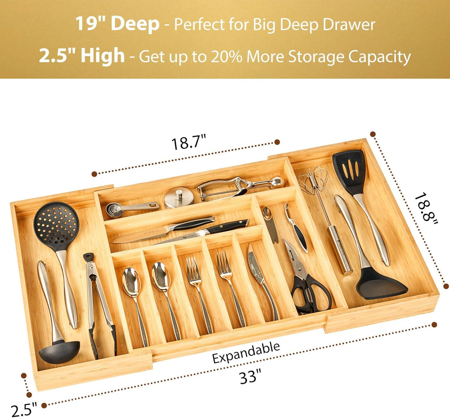 Umilife Extra Large Expandable Kitchen Utensil Drawer Organizer - Adjustable Bamboo Divider, 19" Deep