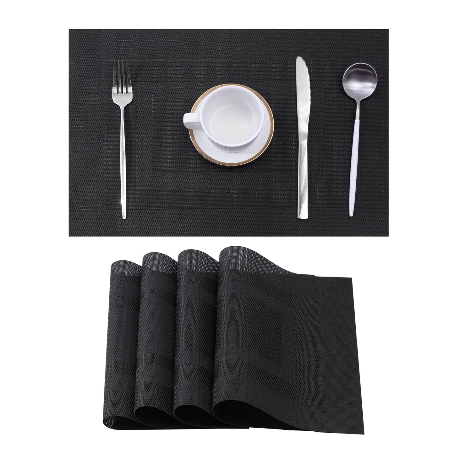 Leetaltree Black Frame Placemats Set of 4 - Heat Resistant Non-Slip Place mats for Dining Table, Washable Durable PVC Vinyl Woven Table Mats（Black Frame, 4）