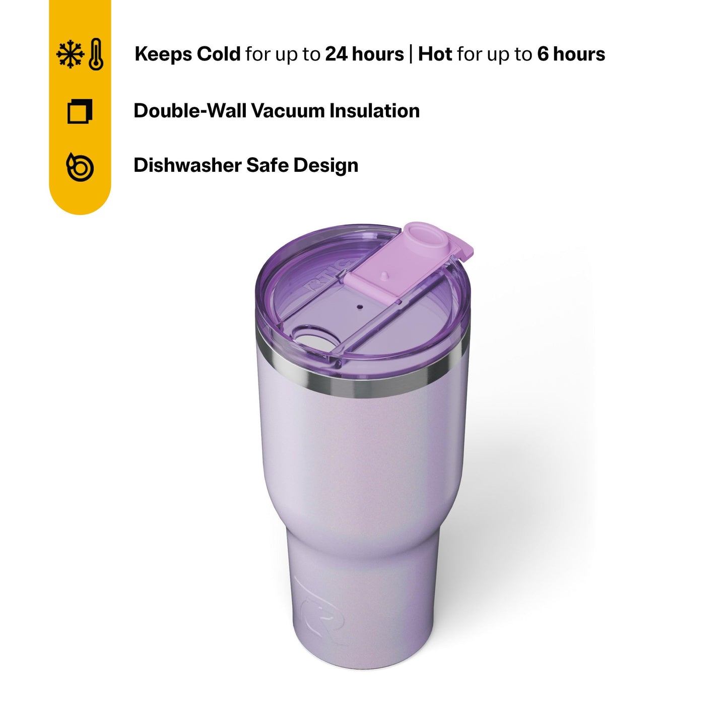 RTIC 40oz Essential Tumbler with Lid, Ceramic Lined, Insulated, Stainless Steel, Metal, Double Wall Vacuum-Insulation, Travel Cup for Iced Coffee, Tea, Hot and Cold Drink, Lavender Glitter