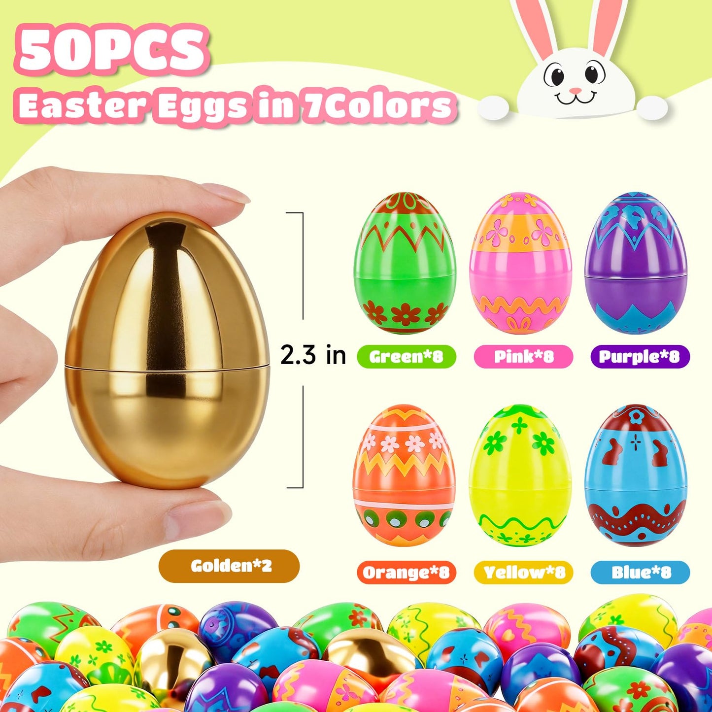 MGparty 50 Pcs Plastic Easter Eggs Empty 2.3 Inch Fillable Easter Eggs Bulk with 2 Golden Eggs, Printed Plastic Eggs for Easter Egg Hunt, Basket Stuffers, Party Favors, Classroom Prizes Decorations