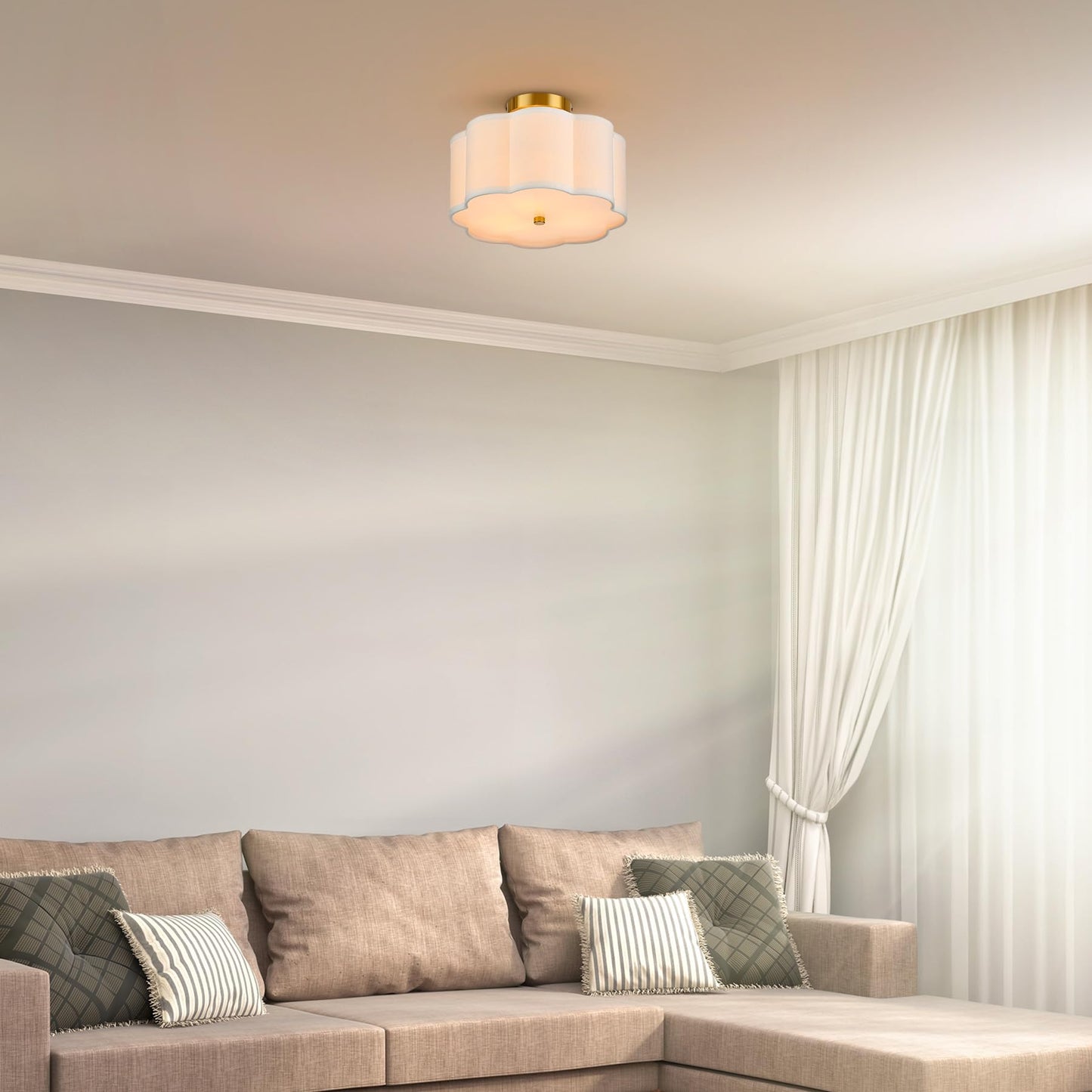 VONLUCE Semi Flush Mount Ceiling Light, 13'' Ceiling Light Fixture with Flower-Shaped Fabric Shade, 3-Light Modern Light Fixture for Bedroom Living Room Nursery Hallway, White Shade & Gold Finish