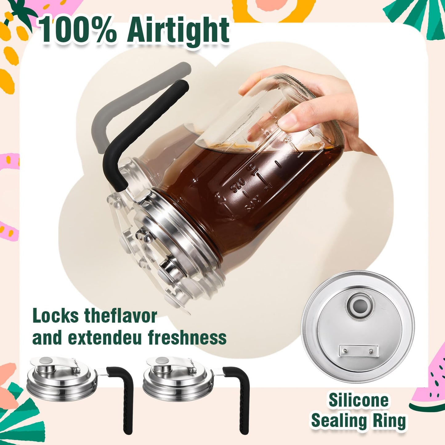 Baderke 4 Pcs Stainless Steel Wide Mouth Mason Jar Pour Spout Lid Metal Mason Jar Pitcher Lid with Handle, No Rust Leak Proof Shaker Seal Cover Fit Home Tea, Milk, Juice Drinks Airtight