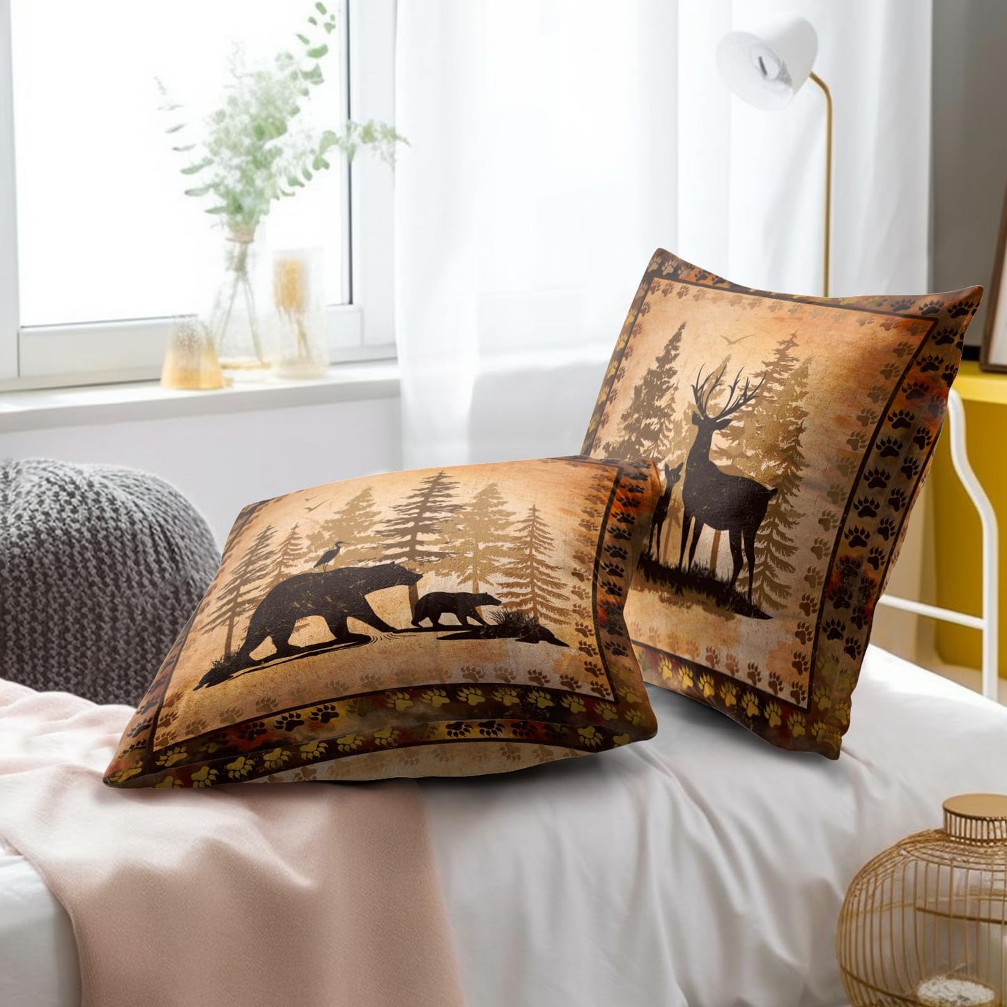 Giwawa Forest Bear Deer Throw Pillow Covers 18x18 Set of 2 Wildlife Animal Decorative Pillow Cases Square Cushion Cover for Couch Bed Sofa Chair