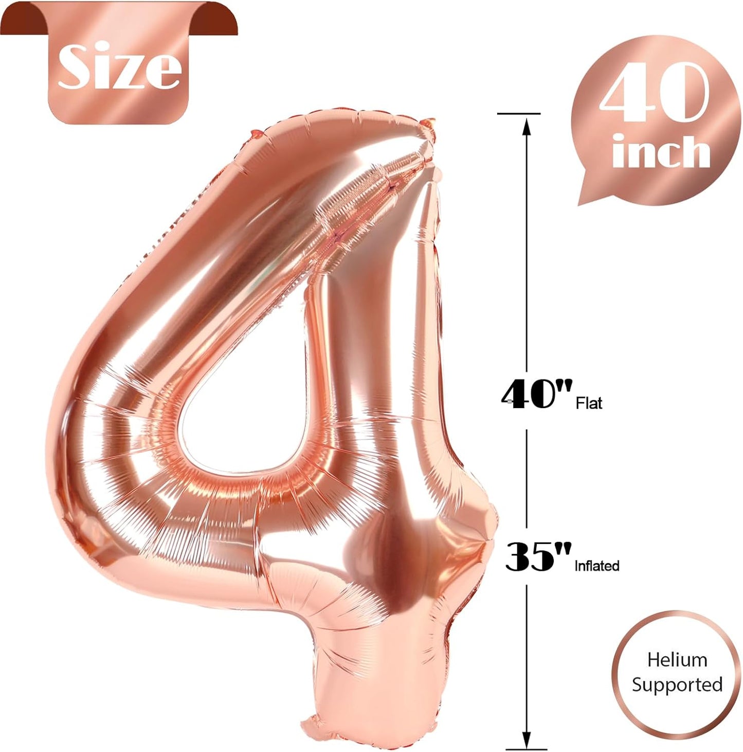 Rose Gold Number 4 Balloon - 40 Inch Large Birthday Decoration for Girls & Boys