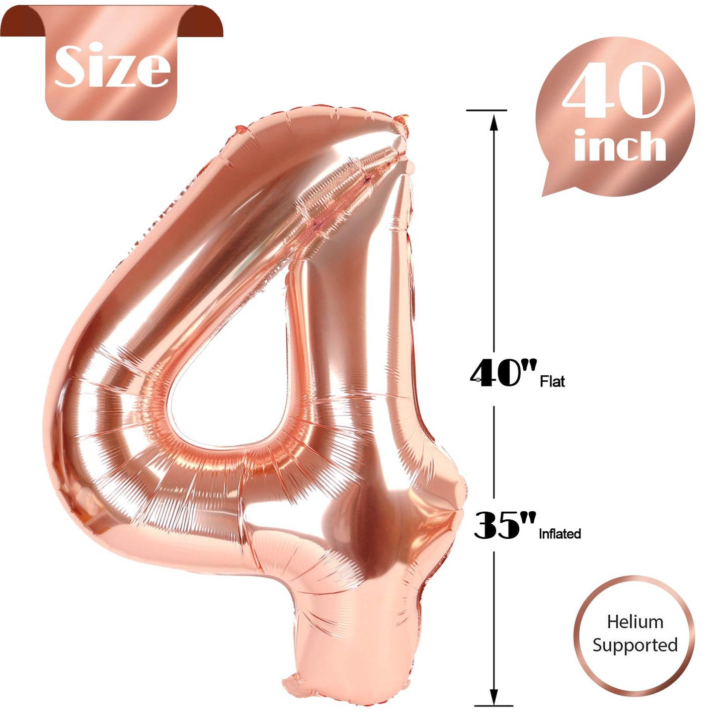 Rose Gold Number 4 Balloon 40 Inch, 4th Birthday Party Decorations for Children, Giant 4 Foil Balloon for Party Supplies