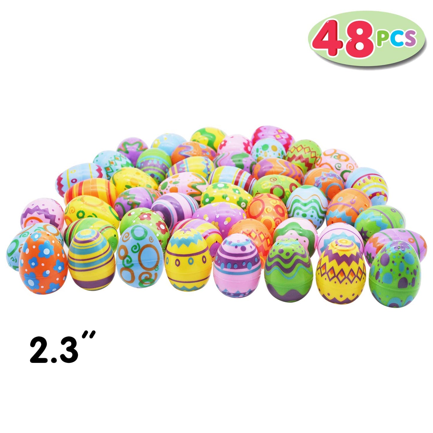 JOYIN 48 Pcs Plastic Printed Bright Easter Eggs 2.3" Tall for Easter Hunt, Basket Stuffers Fillers, Classroom Prize Supplies, Filling Treats and Party Favor