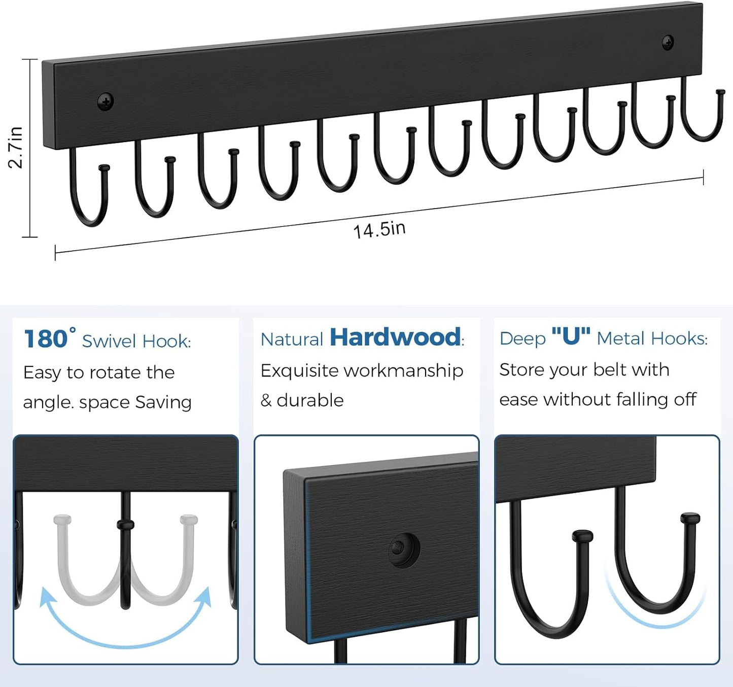 Skiennix Wooden Belt Hanger - Wall Mounted Organizer with 24 Storage Capacity | 180° Rotating Design in Black