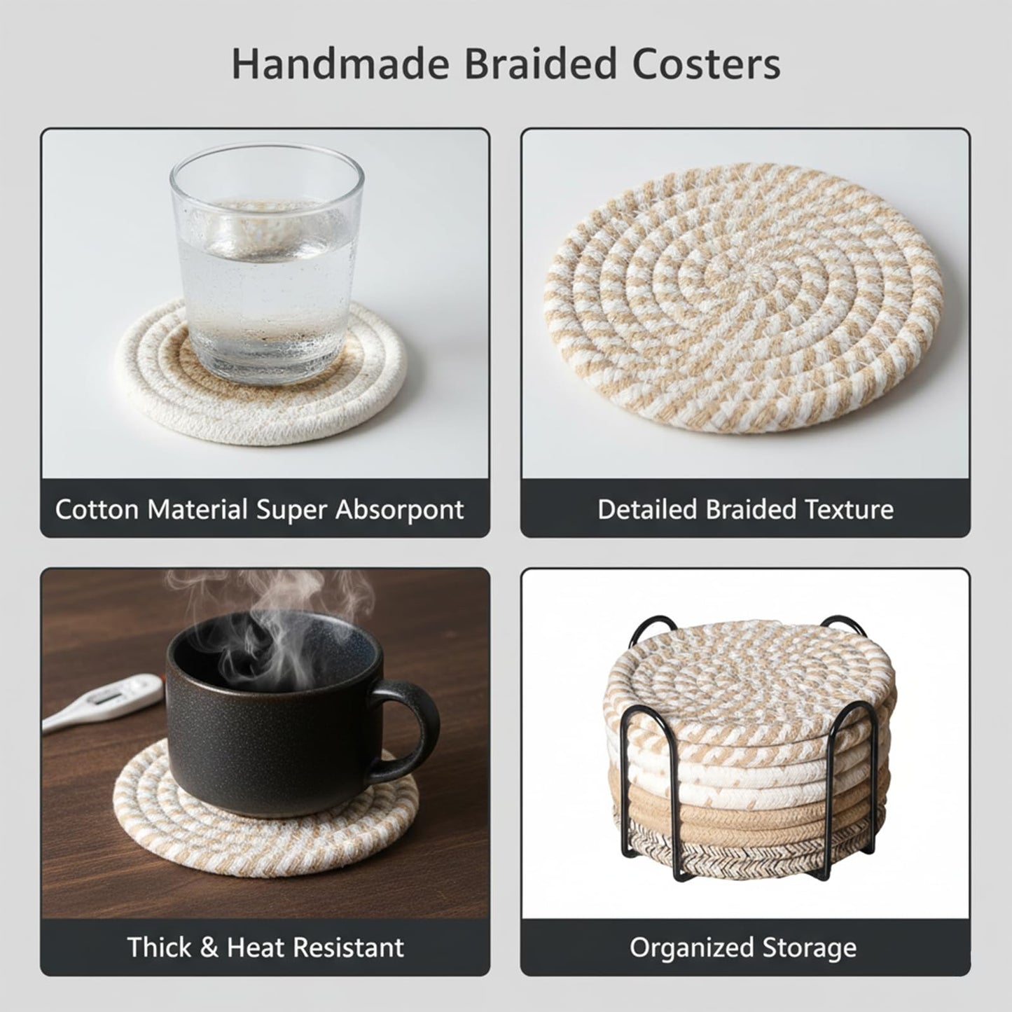 ZEXOLAP Drink Coasters Set of 8 with Holder – Cotton Woven Absorbent Coasters, 4 Colors for Coffee, Beer, Drinks & Tabletop Protection