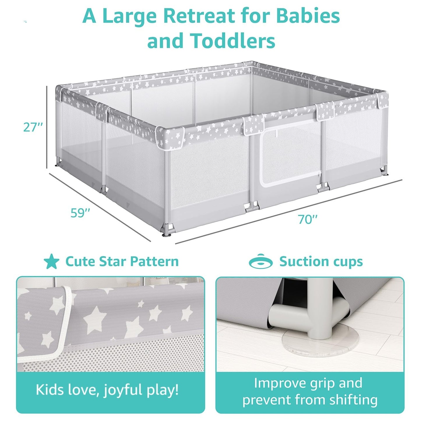 Large Baby Playpen by [Brand Name] - 70x59in Giant Indoor Play Yard for Babies 6-12 Months | Grey