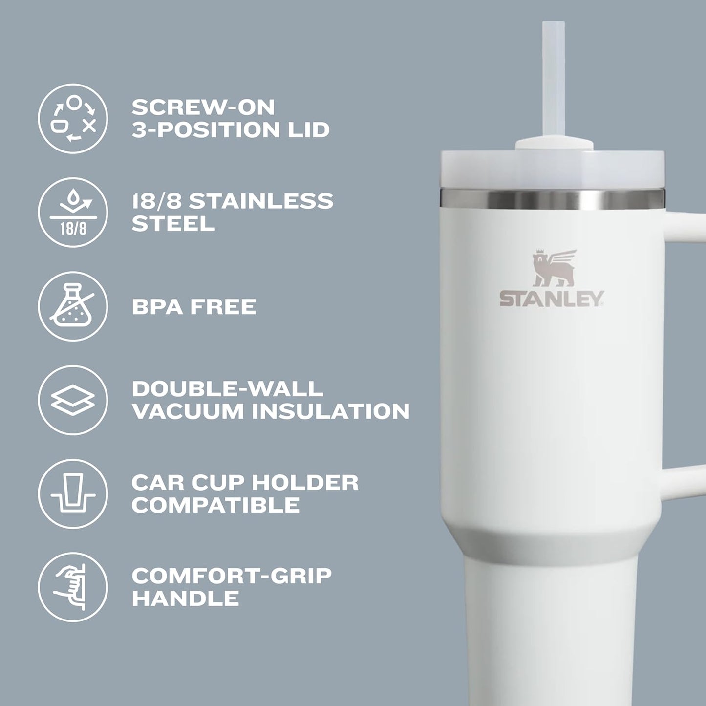 STANLEY Quencher H2.0 Tumbler - 64 oz Insulated Stainless Steel Cup with Handle & Straw | BPA-Free Ash Color