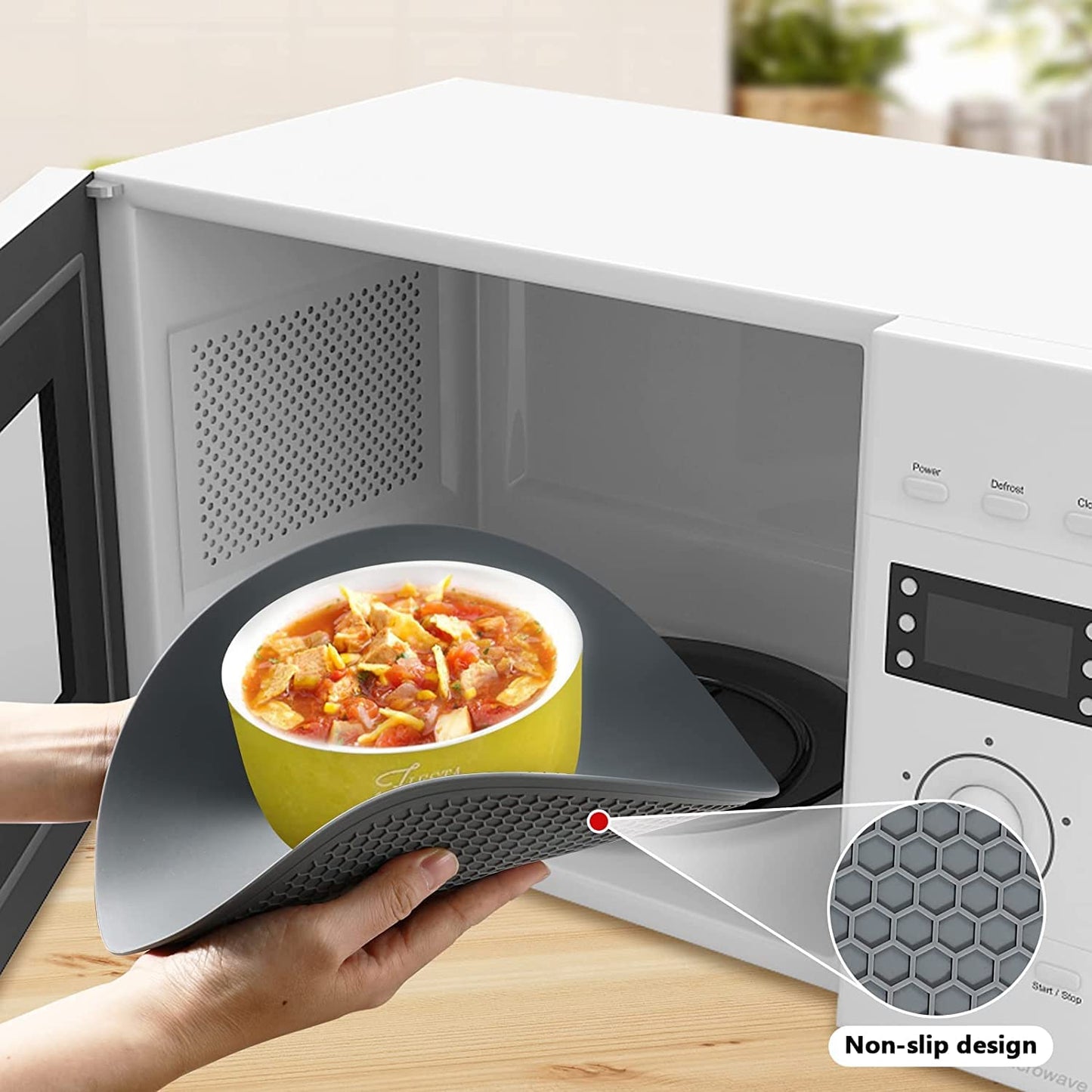 10.5" Microwave Splatter Cover for Food with 10" Mat, Collapsible & Vented Silicone Splatter Guard Lid with Handle Kitchen Gadget, Grey