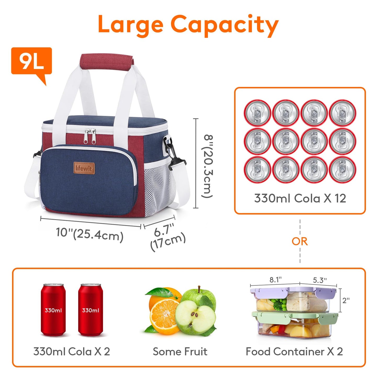Lifewit Medium Lunch Bag, Insulated Lunch Box, Soft Cooler Cooling Tote for Adult Men Women, White and Red and Blue 12-Can (9L)