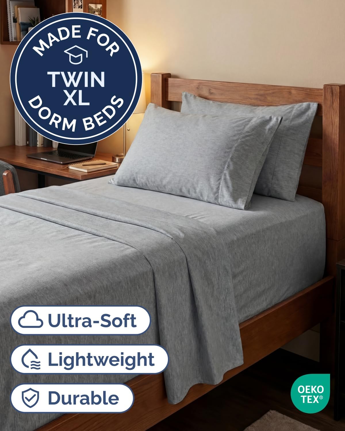 Skiennix Extra Deep Twin XL Sheet Set | 4-Piece Breathable Cooling Bedding - Soft, Wrinkle-Free, Heathered Grey