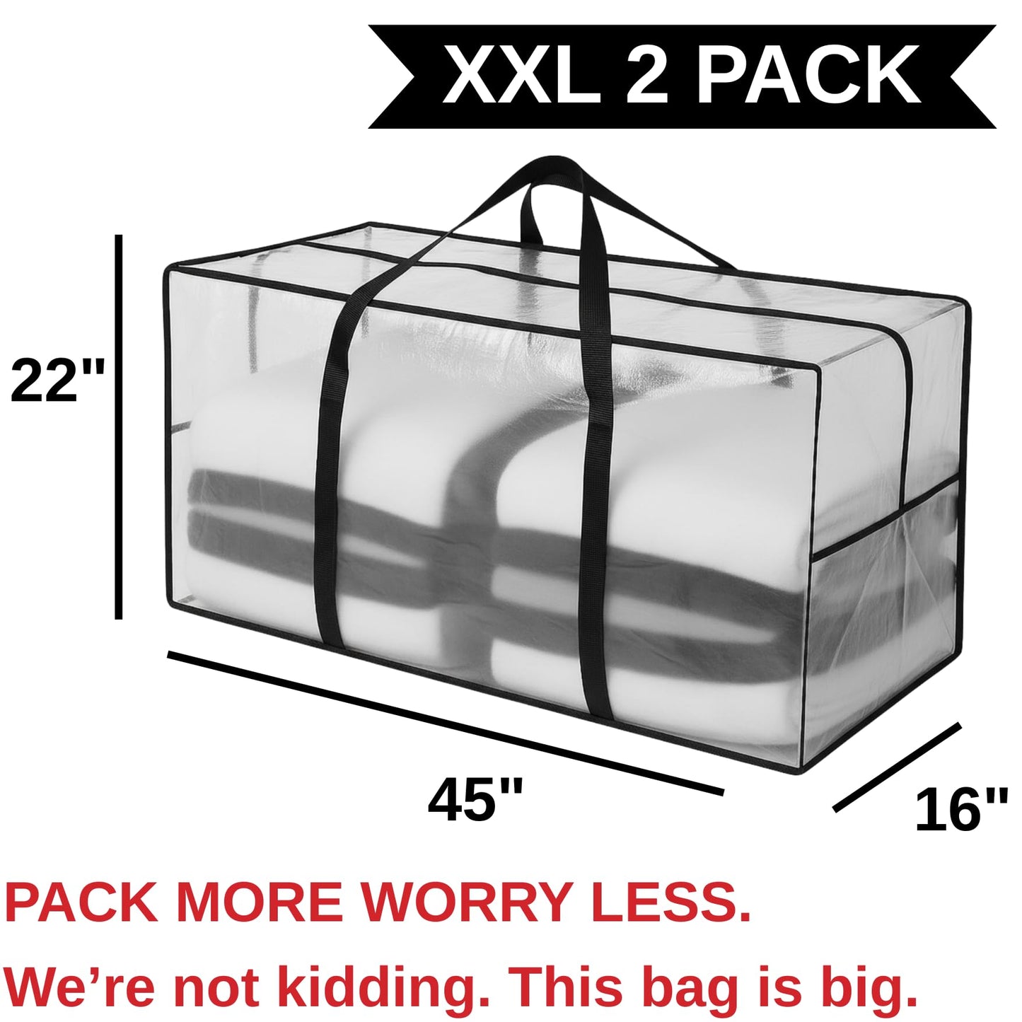 68.5 GAL 2 Pack XXL Jumbo Extra Large Heavy Duty Stronger Handles Storage Bags Moving Totes Zippered Reusable Wrap Around Handle Storage Totes (Translucent/Semi-Transparent)