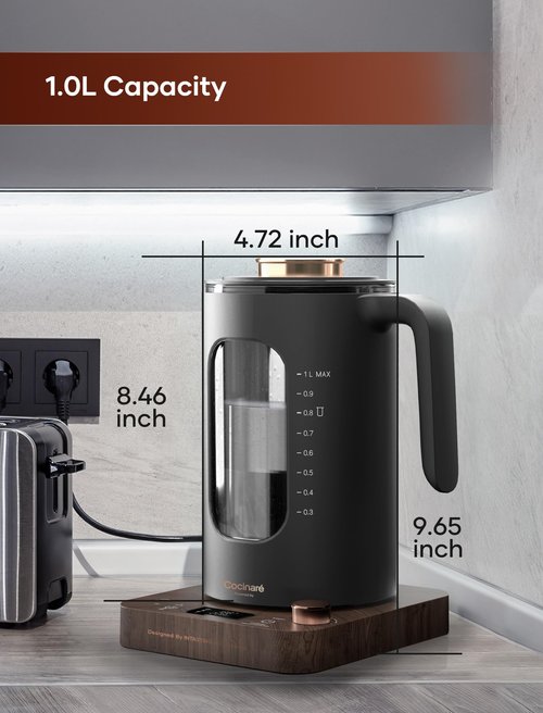 Electric Tea Kettle, INTASTING Glass Electric Kettle with tea Infuser and Precise knob temperature control, 1200W Fast Heating, BPA-Free, Easy to Clean, 1 Liter (Wood)