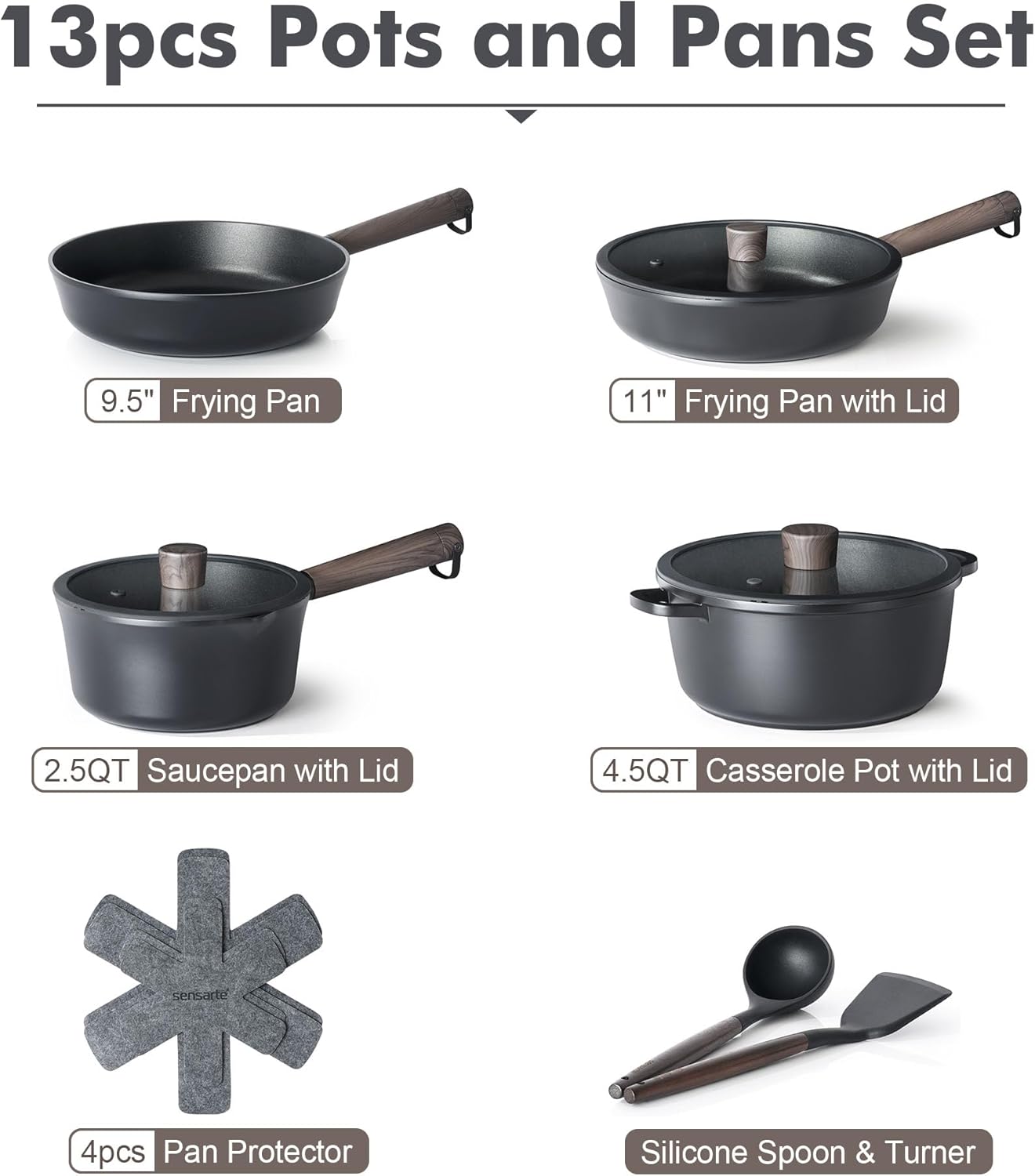 SENSARTE Nonstick Cookware Set - 14-Piece Kitchen Pots and Pans with Stay-Cool Handles | Dishwasher Safe, Induction Compatible, PFOA Free, Black