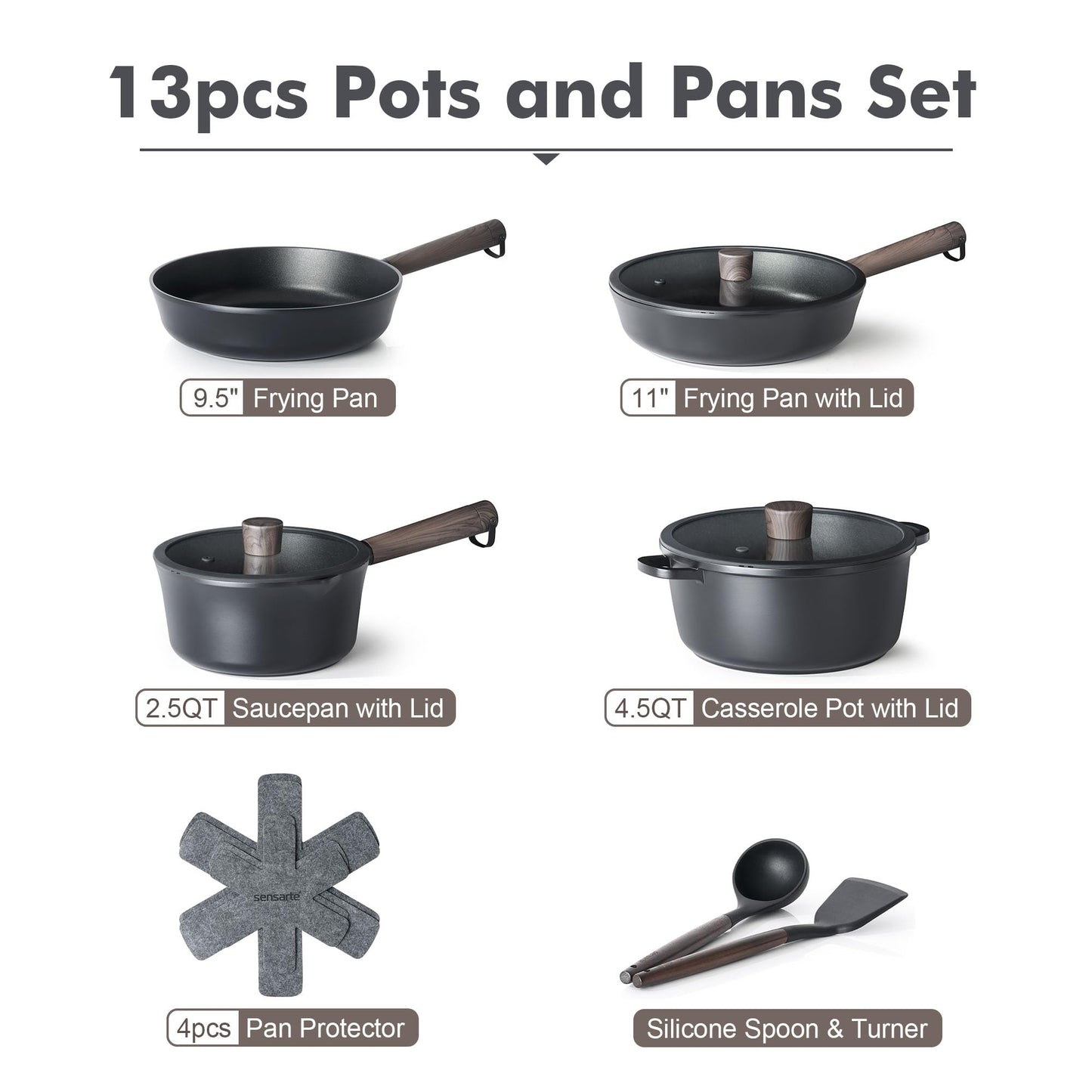 SENSARTE 14Pcs Pots and Pans Set Nonstick Cookware Set Kitchen Cooking Frying Pans with Stay-cool Handle, Dishwasher Safe, Induction Compatible, PFOA/PFOS Free, Black