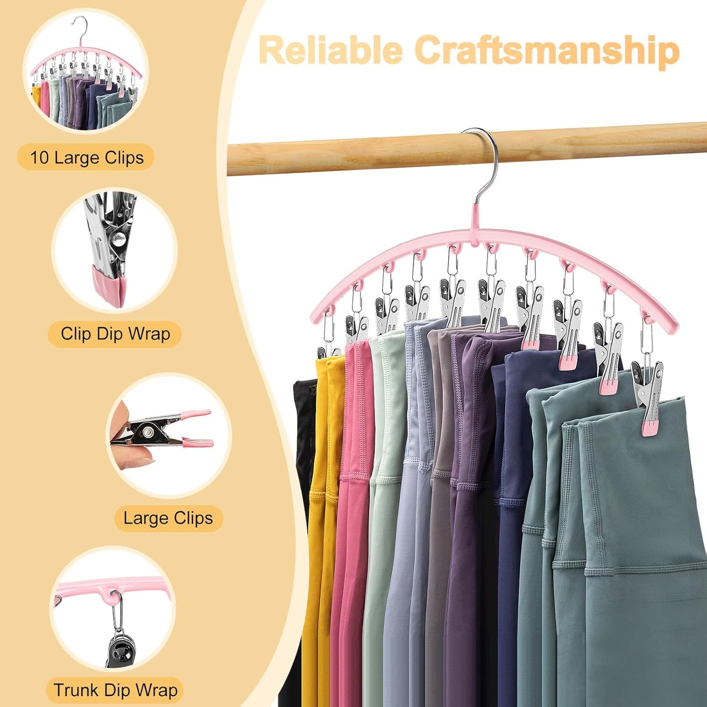 Skiennix Legging Organizer - Space-Saving Metal Yoga Pants Hangers | 2-Pack with 10 Clips, Pink