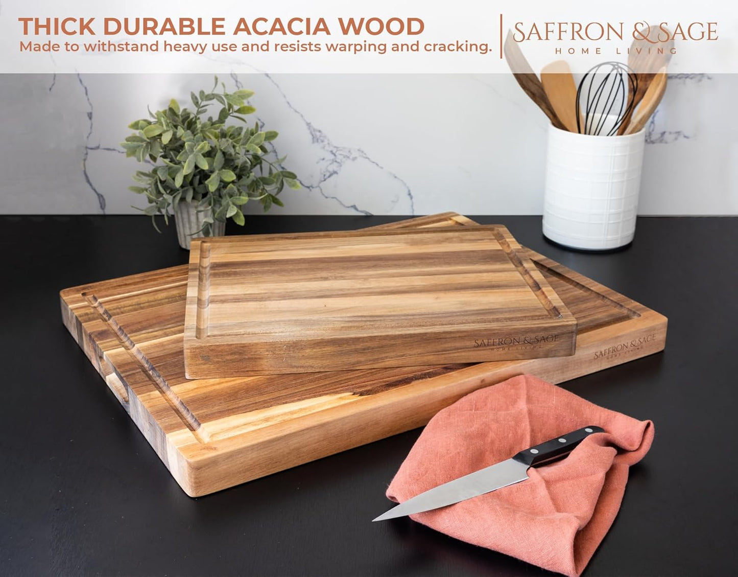 Saffron & Sage Large Wood Cutting Board - Thick 16 x 12 x 1.5 Inch Acacia with Juice Groove | Reversible Chopping & Charcuterie Board