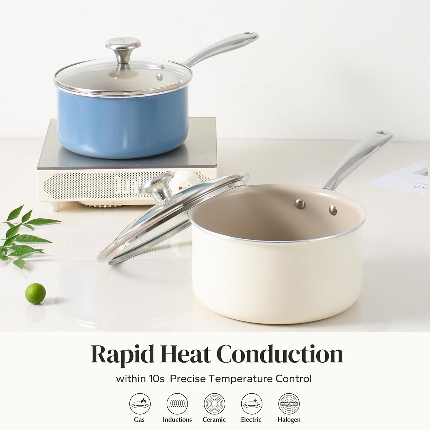 Redchef Ceramic Sauce Pan - 2.5QT Nonstick Cooking Pot with Lid & Stay-Cool Handle | Beige, PTFE & PFOA Free