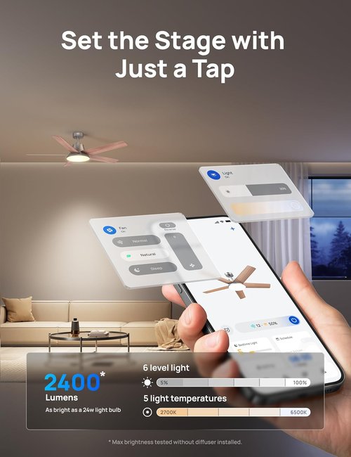 DREO 52-Inch Smart Ceiling Fan - 12 Speeds, Dimmable LED Light & Quiet DC Motor | Remote & Alexa Control