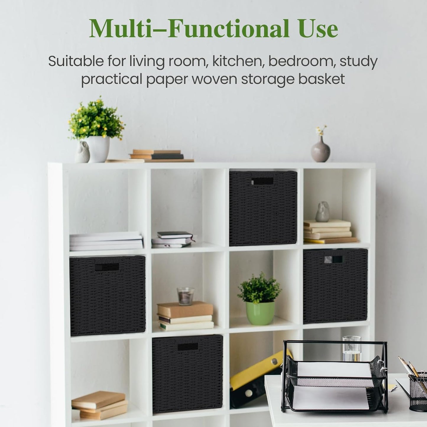 Skiennix Woven Wicker Storage Baskets - 2-Pack Handwoven Paper Rope Organizers | 11x11 Foldable Cube Bins in Classic Black