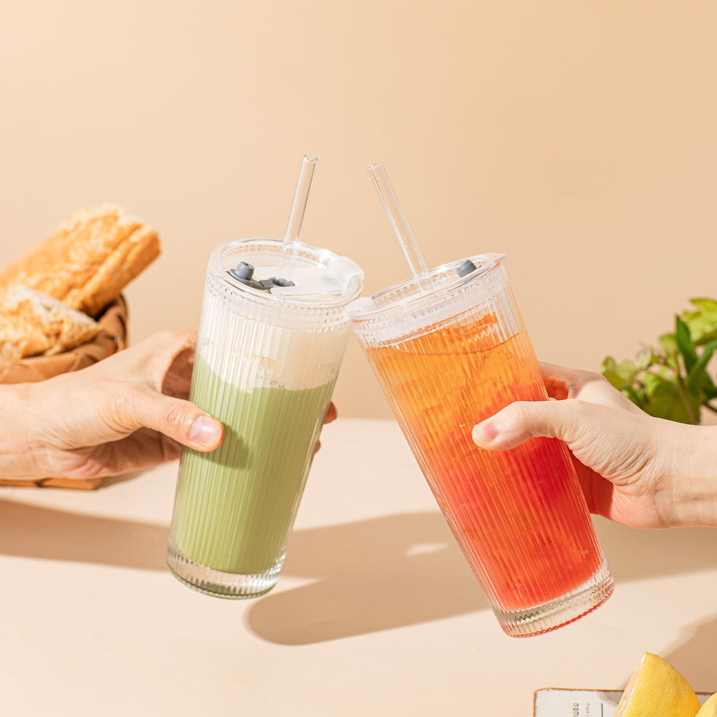 SoulTimes 16oz Ribbed Glass Tumbler with Lid and Glass Straw – Set of 4 Glass Cups with Lids and Straws for Coffee, Smoothies, Cocktails and More, Reusable Iced Coffee Cups for Daily Use and Travel