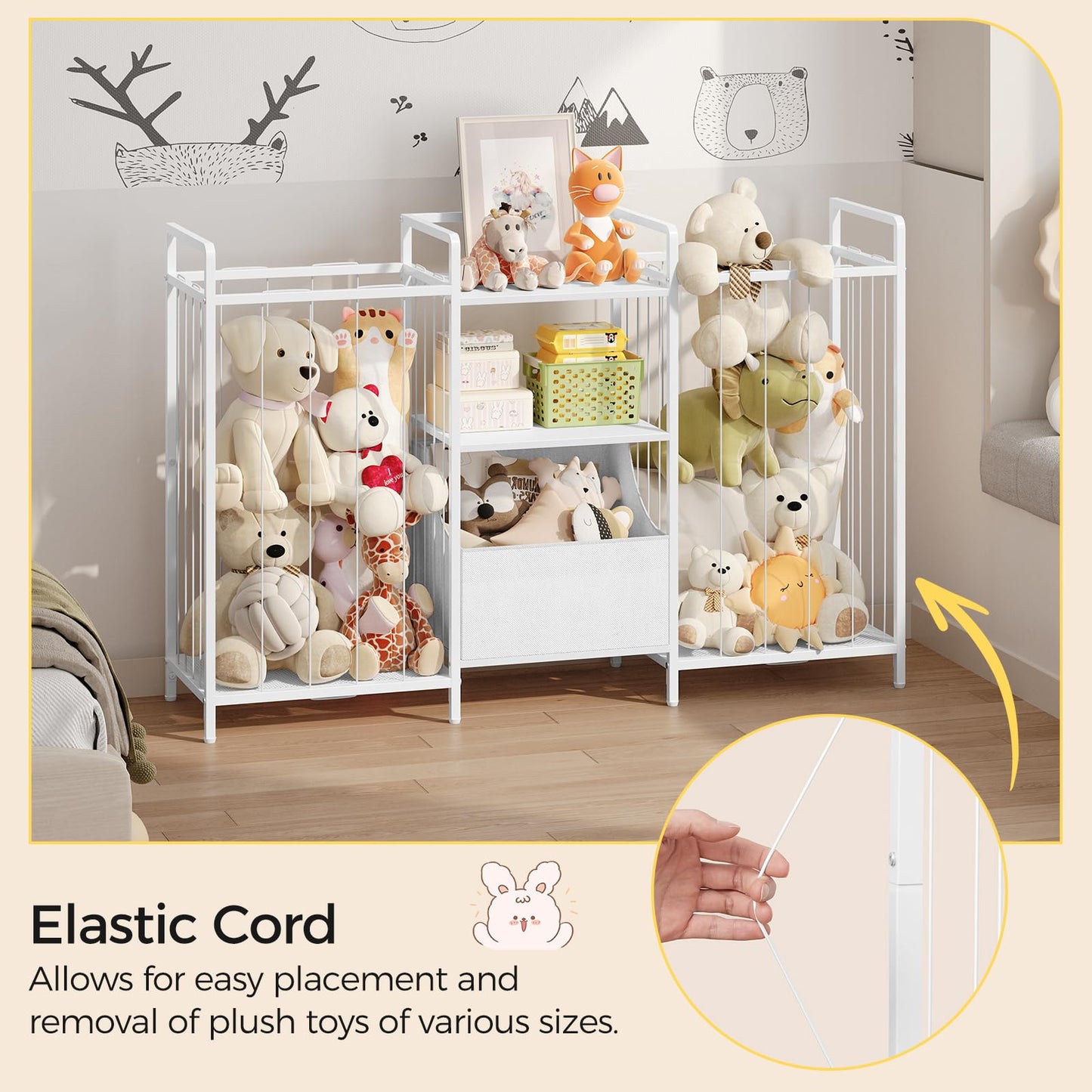 MAHANCRIS Stuffed Animal Storage, Large Stuffed Animal Net with Kids Bookshelf and Toy Storage, Double-Sided Plush Toy Holder with Movable Fabric Box for Kids Room, Playroom, Nursery, White TBWT17101