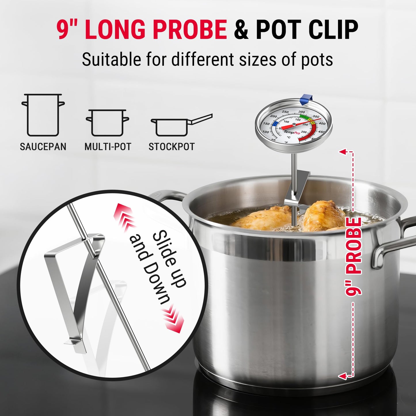 TempPro Candy Thermometer with Pot Clip, 9" Long Probe Deep Fry Oil Thermometer for Frying & Candy Making, Fryer Cooking Thermometer for Chocolate, Caramel, Brewing & Baking (Previously ThermoPro)