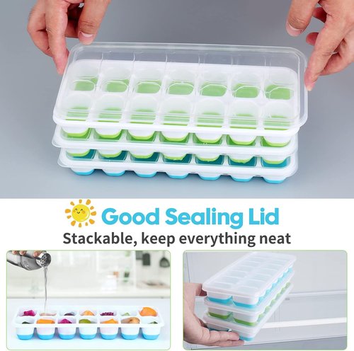Furnsii Ice Cube Trays - 4 Pack Stackable Silicone Trays with Lid | Easy-Release 56-Cube Design (Green & Blue)