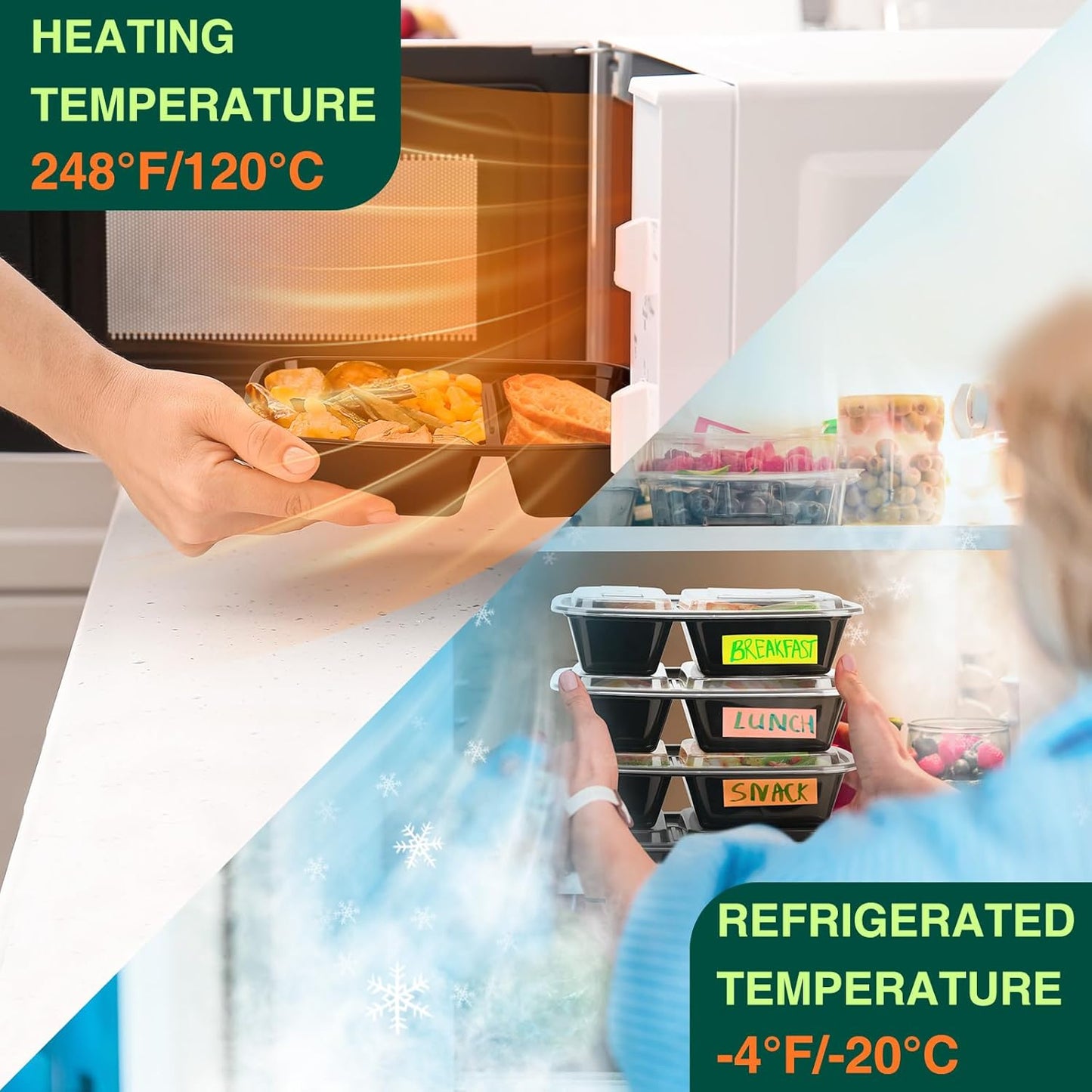 Regine Switzerland 32 oz Meal Prep Containers - 50 Pack Leakproof 2-Compartment Plastic Storage | Microwave & Dishwasher Safe