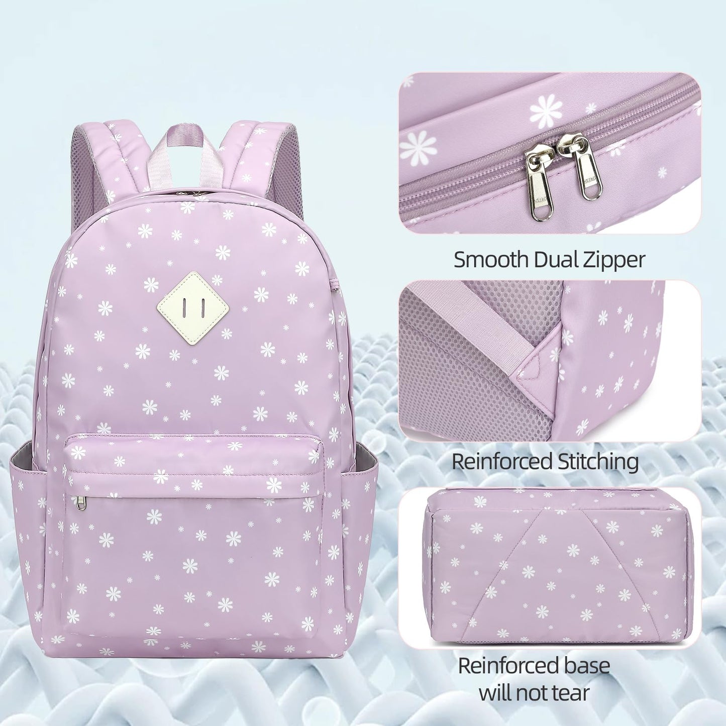 Flowers School Backpack for Girls, 3PCS Bookbags Set with Lunch Box Pencil Pouch Elementary Middle School Bag Laptop Back Packs (Daisy Purple)