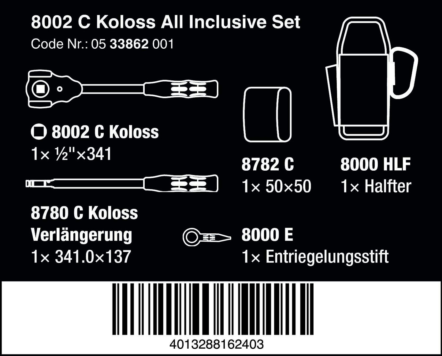 WERA 8002 C Koloss All-Inclusive Tool Set - 1/2" Drive, 5 Essential Pieces for Professionals
