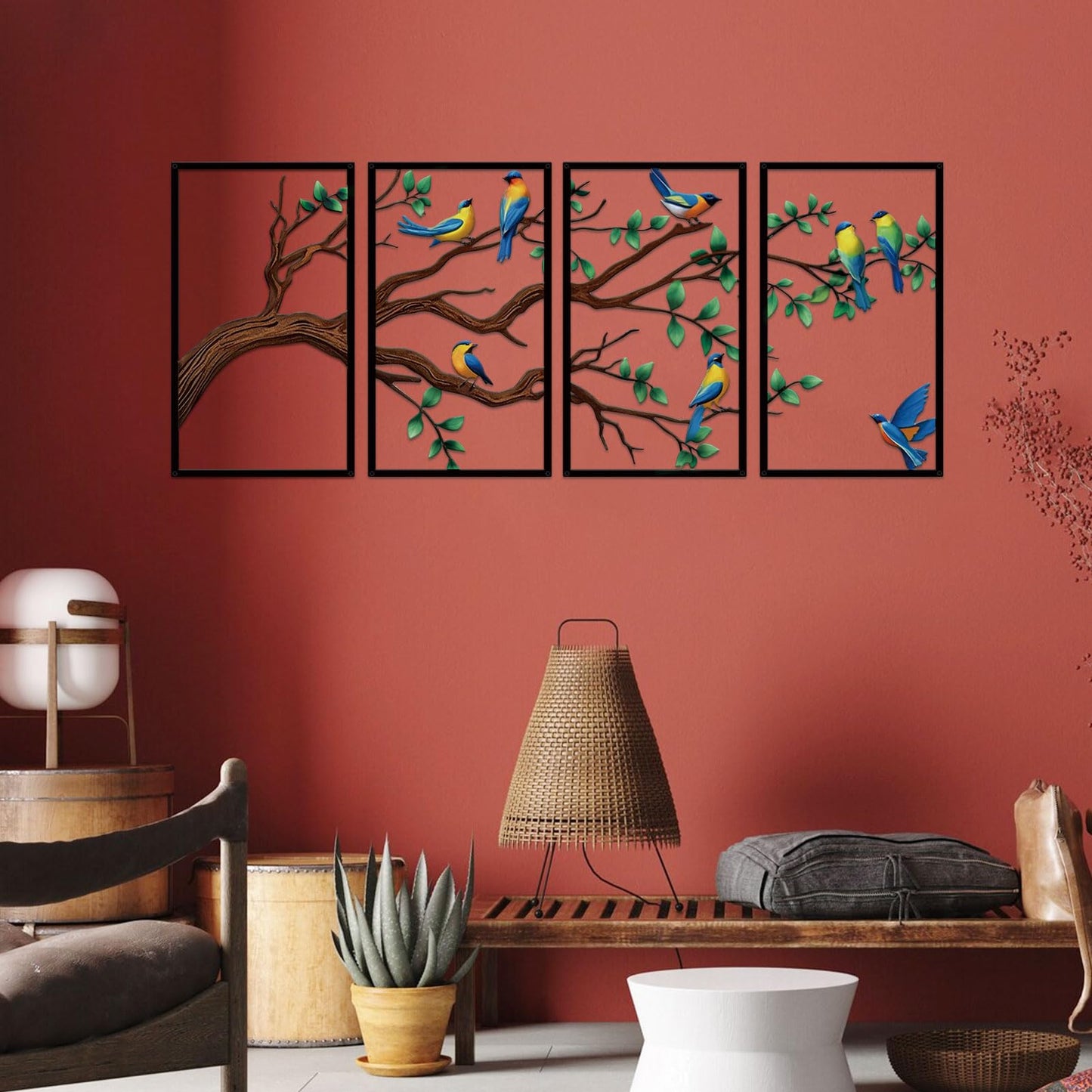 ruelen 4 Pieces Large Metal Birds and Branch Wall Art, Tree of Life Metal Wall Art, Colorful Leaves with Birds Silhouette Hanging Wall Sculpture for Living Room Home Bedroom Indoor Outdoor (Large)