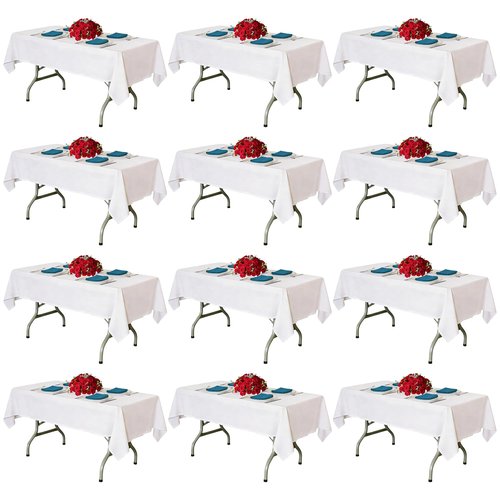 BIGTONE 12 Pack White Rectangle Tablecloth 60 x 102 Inch, Cross Ribbon Packing Reusable Table Clothes for 6 Foot Tables, Wrinkle Resistant Polyester Fabric Table Cover for Wedding, Party, Banquet