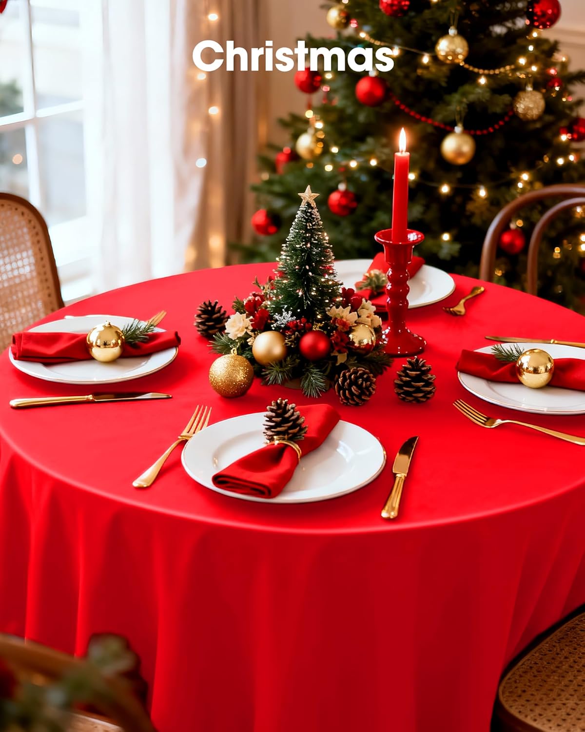 Pureegg Disposable Plastic Table Cloths - 84'' Round, Leakproof & Sturdy, Perfect for Holidays & Events - Red (8 Pack)