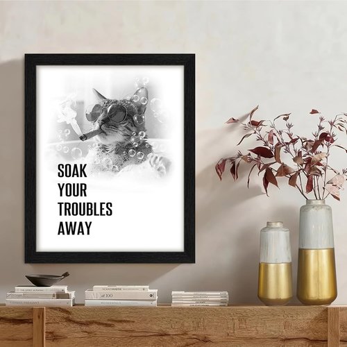 arteWOODS Funny Cat Bathroom Wall Art - Rustic Black Framed Print for Kids' Washroom | 8x10 Inch Decor