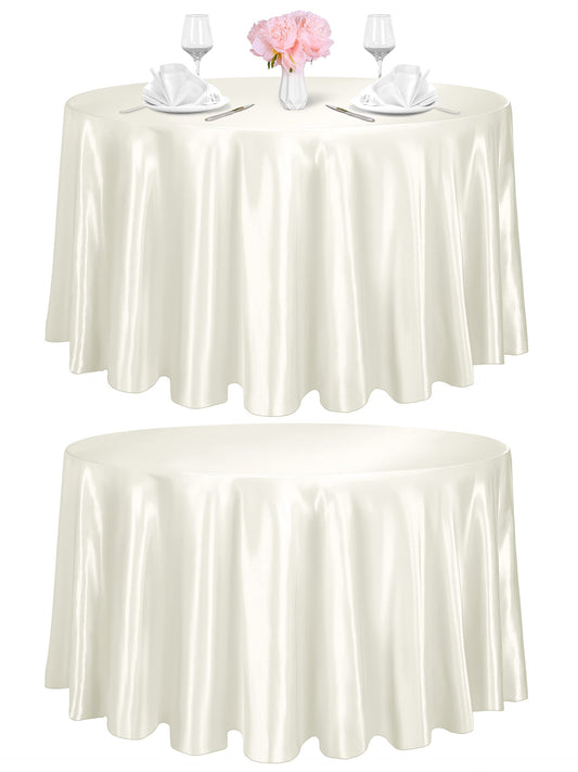 TURSTIN 2 Pieces Round Satin Tablecloth 120 Inches Overlay Table Cover Smooth Fabric Table Decor Bright Silk Tablecloth for Holiday Dinner Wedding Banquet Decoration (Ivory)