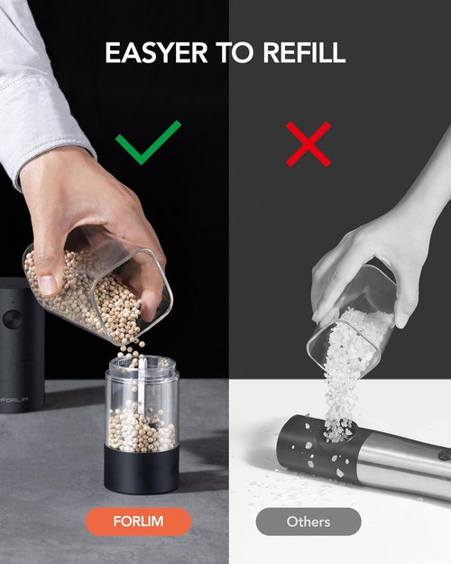 FORLIM Electric Salt and Pepper Grinder Set - USB Rechargeable, Automatic Mill with Adjustable Coarseness | 2 Pack, Black