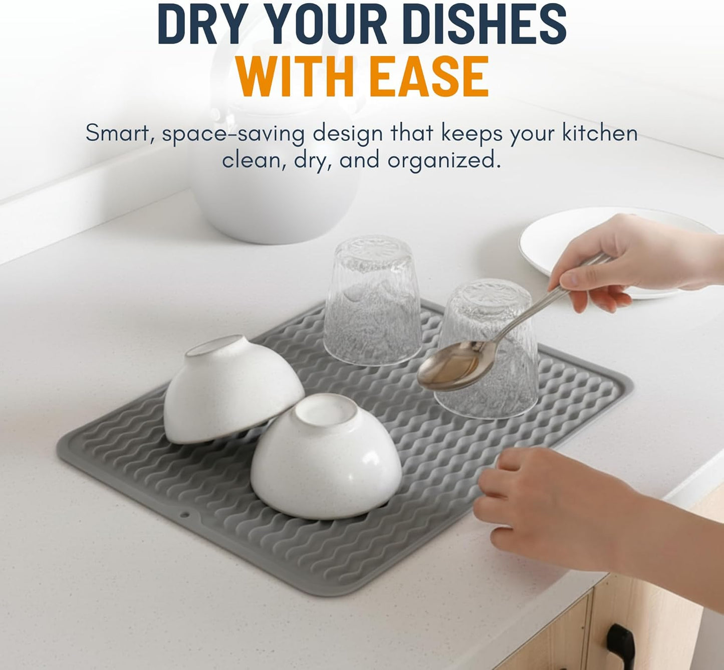 Linda’s Essentials Silicone Dish Drying Mat - Non-Slip & Heat-Resistant 16 x 12 Inch Kitchen Pad (Gray)