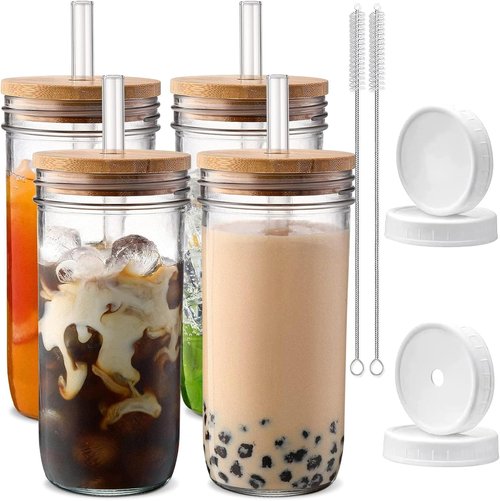 DWTS DANWEITESI Glass Cups - 24 oz Reusable Smoothie & Iced Coffee Mason Jars with Lids & Straws | 4 Pack