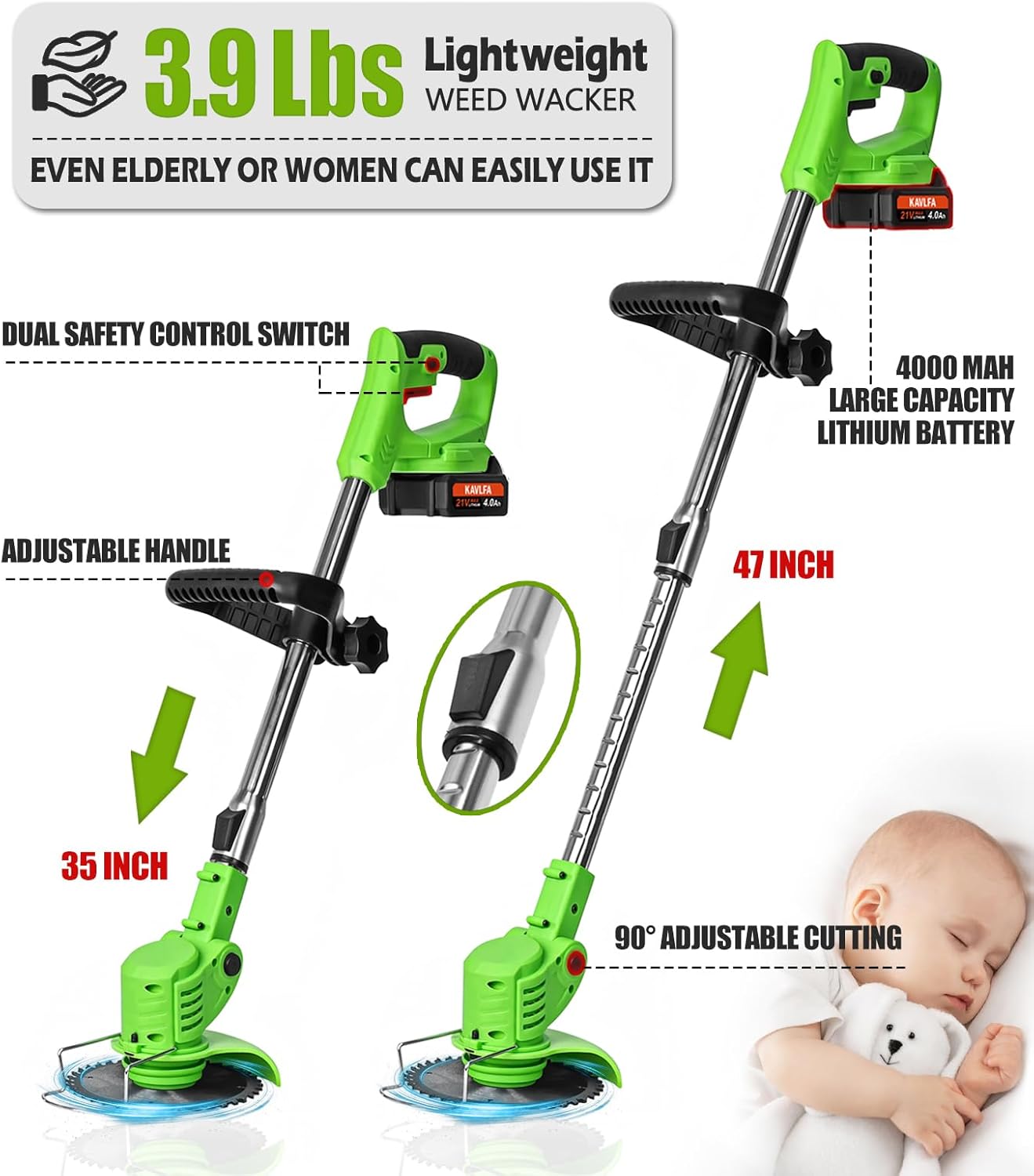 Skiennix Cordless Weed Wacker - 21V Electric Grass Trimmer with 2 Batteries & 4 Blades | Lightweight & Versatile for Yard Care (Green)